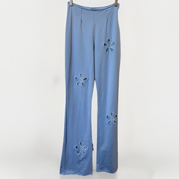 Angee Pants - Y2K Angee Pants Womens Blue Floral Cutout High Rise Kick Flare 2000s